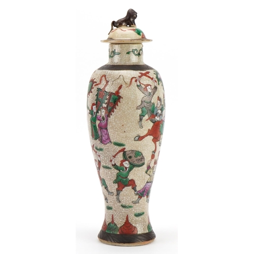 515 - Chinese crackle glaze baluster shaped vase and cover hand painted in the famille verte palette with ... 