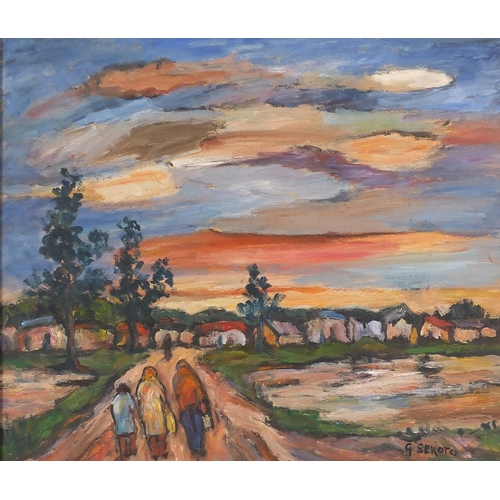 164A - Manner of Gerard Sekoto - Figures on a path before a town, South African school oil on board, framed... 