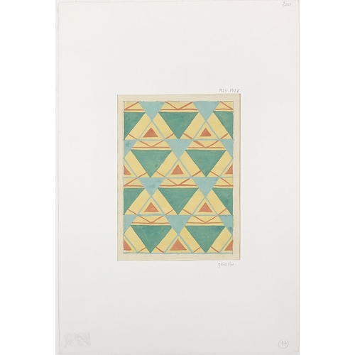 411A - Abstract composition, geometric shapes, three Art Deco gouache on cards, each mounted, unframed, the... 