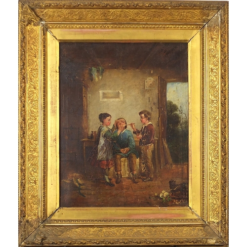 450A - Three children in an interior, antique Dutch oil on canvas, mounted and framed, 40cm x 31.5cm exclud... 