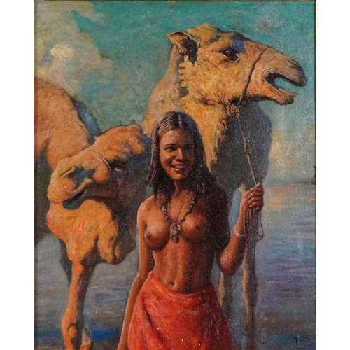31 - After Adam Styka - Semi nude female before camels, Orientalist school oil on board, mounted and fram... 