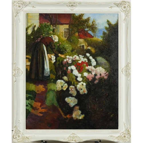 201 - Female picking flowers before a cottage, oil on canvas, framed, 49.5cm x 39.5cm excluding the frame