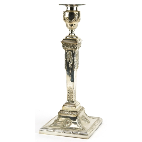 1244 - Adams style silver plated candlestick embossed with lion masks and swags, 31cm high