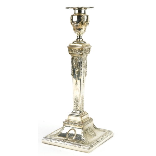 1244 - Adams style silver plated candlestick embossed with lion masks and swags, 31cm high