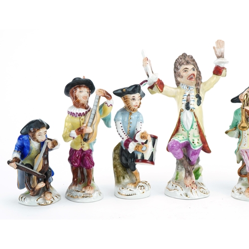 110 - Set of eight continental hand painted porcelain monkey band musicians, 15.5cm high