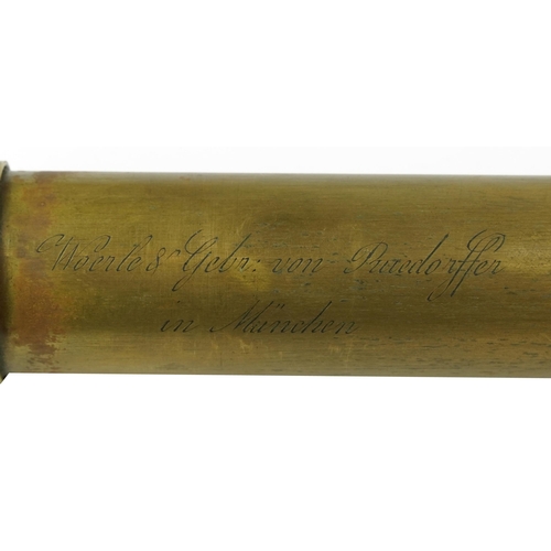 147 - 19th century German mahogany bound four draw brass telescope engraved Woerle & Gebr von Ruedorffer M... 