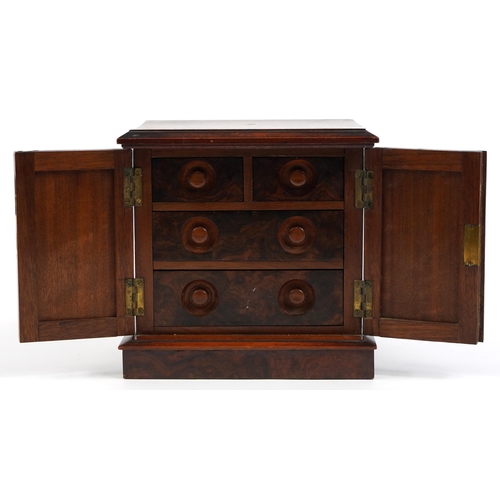 140 - 19th century burr walnut table top specimen chest with two doors enclosing four drawers, 22cm H x 22... 