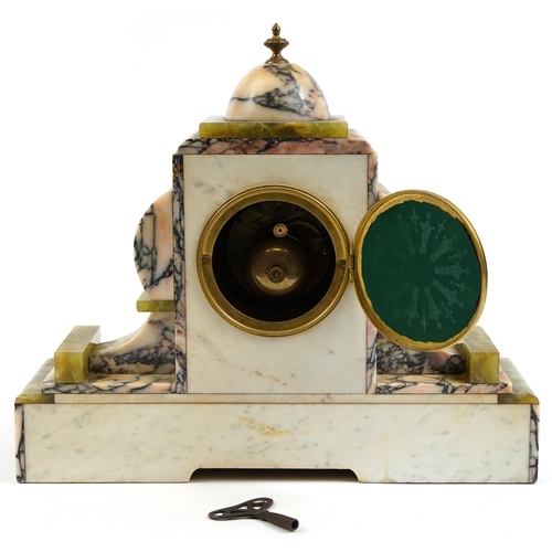 85 - Art Deco marble and green onyx striking mantle clock, the enamelled dial having Arabic numerals, 40c... 