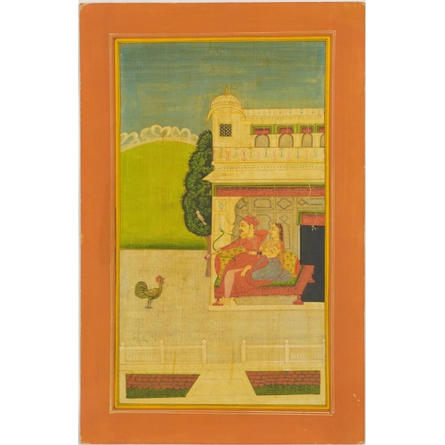 300 - Two figures and a chicken before a palace setting, Indian Mughal school watercolour on card, unframe... 