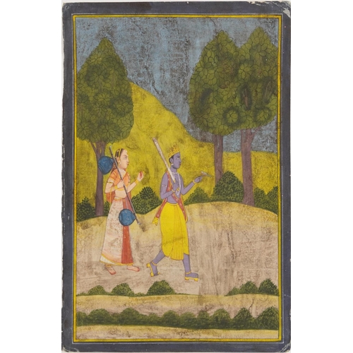 302 - Figure with an attendant before a landscape, Indian Mughal school watercolour on card, unframed, 29c... 