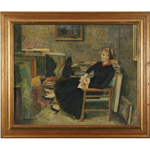 1695 - Seated female reading a book in an interior, British school oil on board, framed, 58cm x 47cm exclud... 