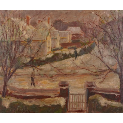 1693 - Winter street scene with two figures, oil on board, mounted and framed, 60cm x 49.5cm excluding the ... 