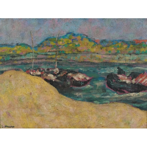 375 - River landscape with fishing boats, continental school oil on board, mounted and framed, 36cm x 27cm... 