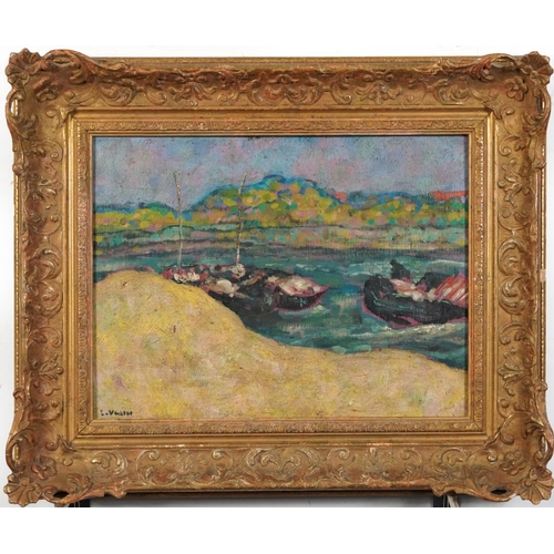 375 - River landscape with fishing boats, continental school oil on board, mounted and framed, 36cm x 27cm... 