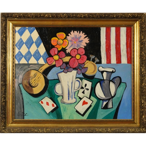 29 - Still life with playing cards, semi abstract French school oil on canvas, mounted and framed, 59cm x... 