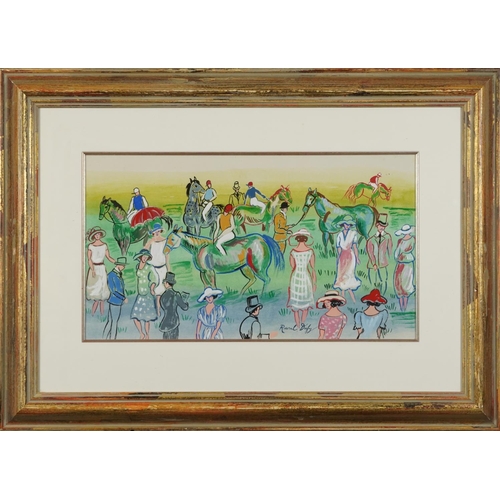 104 - Manner of Raoul Dufy - At the Paddock, horseracing scene, French school gouache and watercolour, mou... 