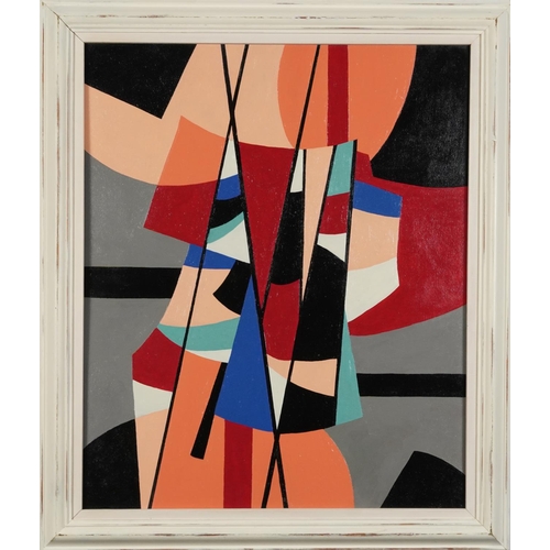 203 - Abstract composition, geometric shapes, American school oil on board, inscribed verso, framed, 59cm ... 