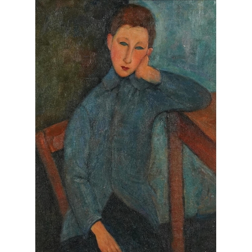 482 - Manner of Amedeo Modigliani - Three quarter length portrait of a seated male, Italian school oil on ... 