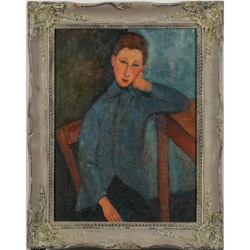 482 - Manner of Amedeo Modigliani - Three quarter length portrait of a seated male, Italian school oil on ... 