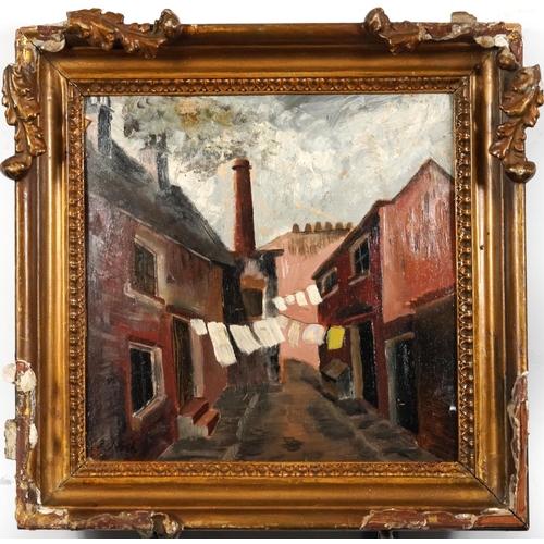 278 - After John Nash - Street scene with cottages, oil on board, framed, 26cm x 25.5cm excluding the fram... 