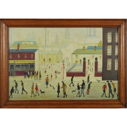 282 - Manner of Laurence Stephen Lowry - Busy street scene with figures walking about, Manchester school o... 