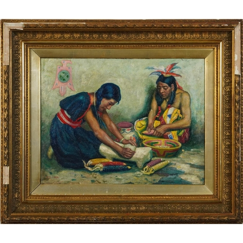 304 - Two figures wearing traditional dress, North American school oil on canvas, mounted and framed, 39.5... 