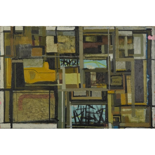 1694 - Ron Dellar - Abstract composition, geometric shapes, oil on canvas, inscribed verso Interior, Summer... 