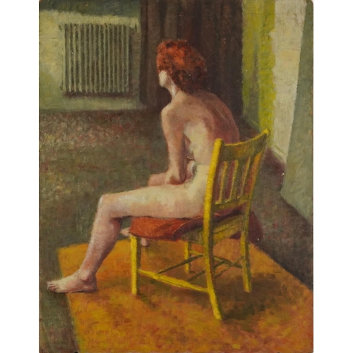 1700 - Full length portrait of a seated nude female in an interior, oil on board, unframed, 79.5cm x 61cm