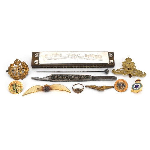 1766 - Objects including RAF military badges, Song Band harmonica, Robert Hornby folding pocket knife and C... 