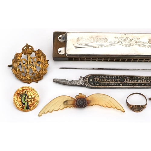 1766 - Objects including RAF military badges, Song Band harmonica, Robert Hornby folding pocket knife and C... 