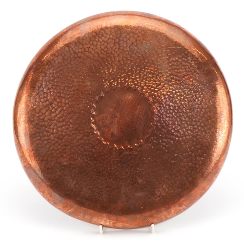 89 - Newlyn, Arts & Crafts beaten copper circular tray, impressed Newlyn, 33cm in diameter