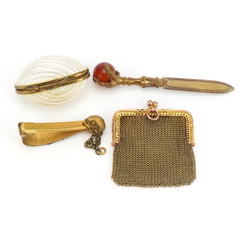 369 - Victorian brass and hardstone claw bookmark, small gilt metal purse, shell purse and gilt metal flor... 