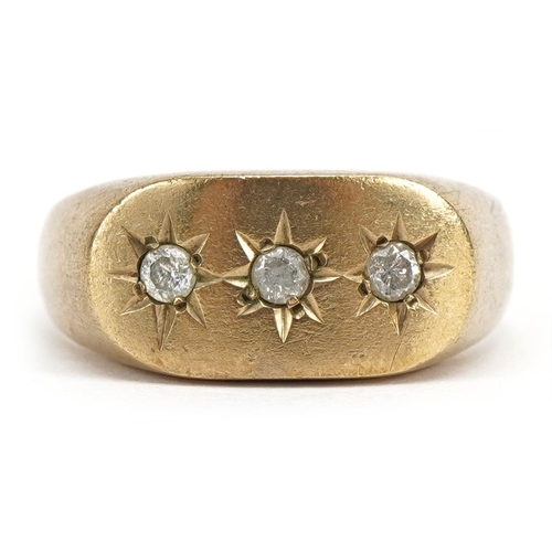 2056 - 9ct gold diamond three stone Gypsy ring, each diamond approximately 2.4mm in diameter, London 1985, ... 