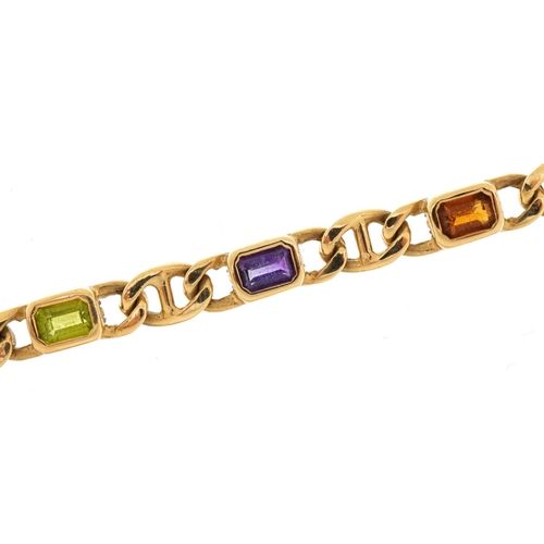2125 - 9ct gold curb link design bracelet set with purple, green and orange stones, 17.5cm in length, 12.4g