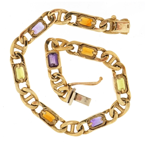 2125 - 9ct gold curb link design bracelet set with purple, green and orange stones, 17.5cm in length, 12.4g