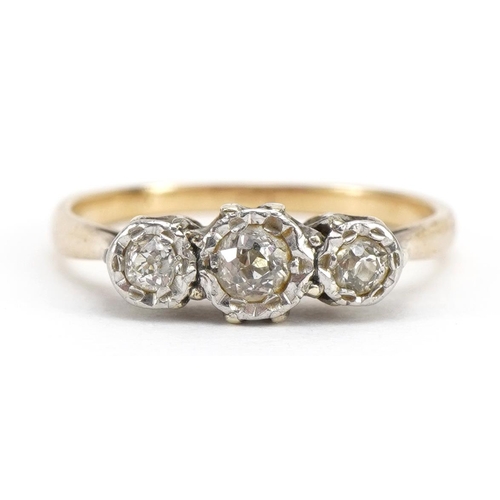 2574 - 9ct gold diamond three stone ring, size H, 1.5g