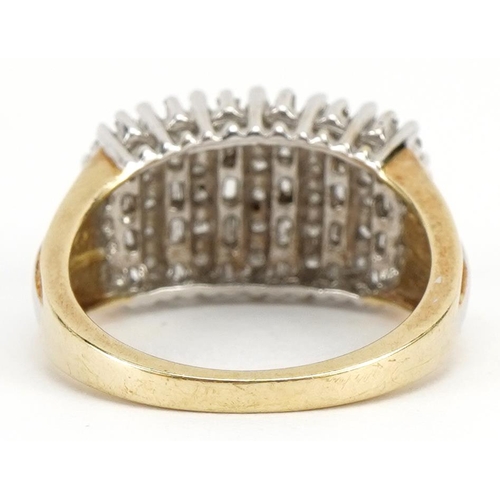 2076 - 10k gold diamond six row cluster ring, size N, 4.6g