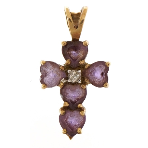 2599 - 9ct gold amethyst cross pendant set with a diamond, 2.0cm high, 1.1g