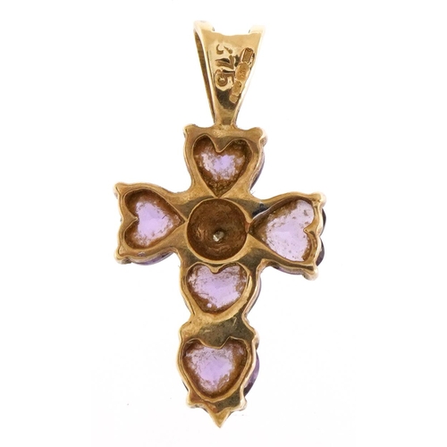 2599 - 9ct gold amethyst cross pendant set with a diamond, 2.0cm high, 1.1g