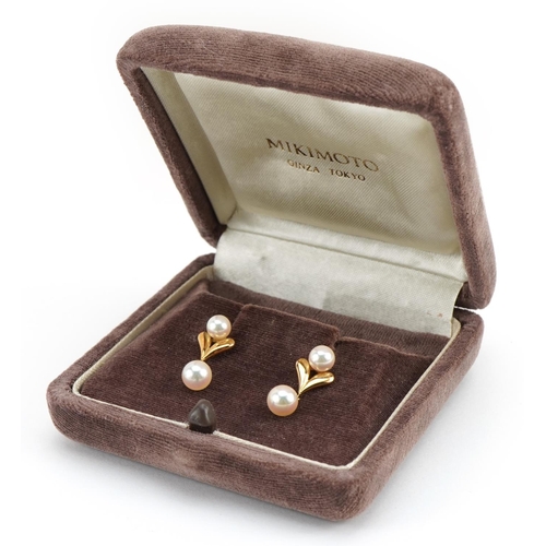 2592 - Pair of 14k gold Mikimoto pearl drop earrings housed in a Mikimoto Ginza, Tokyo box, 2.2cm high, 3.3... 