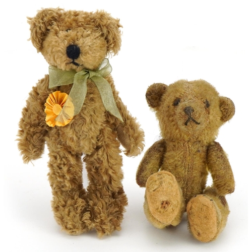 1413 - Vintage miniature straw filled teddy bear and one other, the largest 14cm high