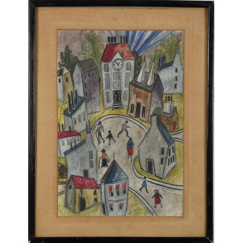 414 - Street scene with figures walking about before buildings, mixed media, partial labels verso, mounted... 