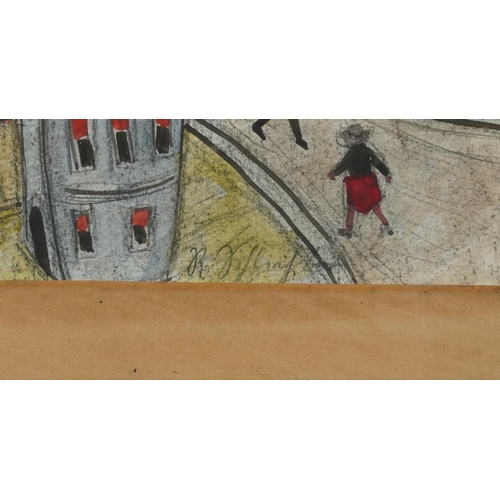 414 - Street scene with figures walking about before buildings, mixed media, partial labels verso, mounted... 