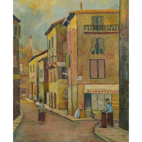 511 - Rue St Antoine, Cannes, France, French school oil on canvas, indistinctly signed, framed, 44cm x 37c... 