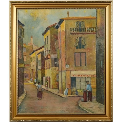 511 - Rue St Antoine, Cannes, France, French school oil on canvas, indistinctly signed, framed, 44cm x 37c... 