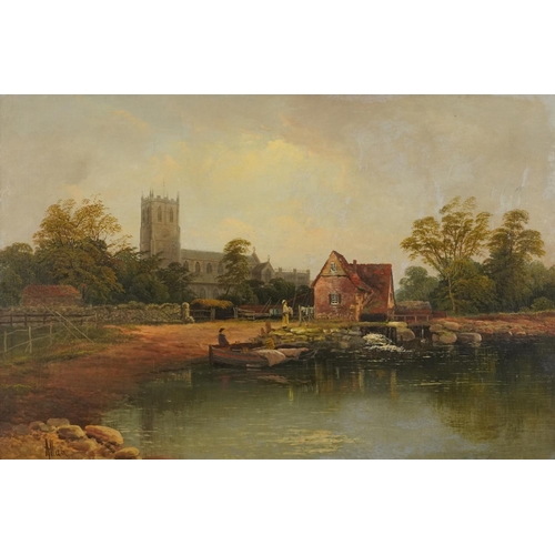 508 - Richard Allam - Figures beside a lake before a cathedral, 19th century oil on canvas, applied plaque... 