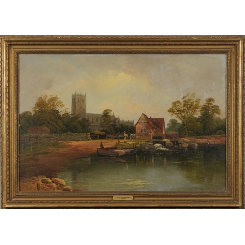 508 - Richard Allam - Figures beside a lake before a cathedral, 19th century oil on canvas, applied plaque... 