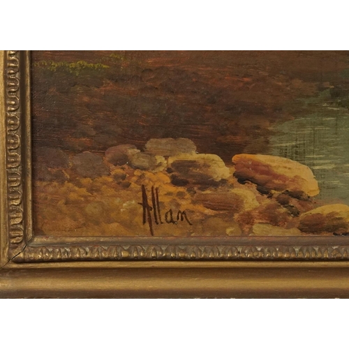 508 - Richard Allam - Figures beside a lake before a cathedral, 19th century oil on canvas, applied plaque... 