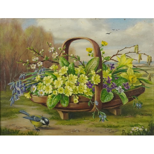 509 - Constance Cooper - Bird before flowers in a trug basket, oil on canvas, inscribed 1971 to the revers... 