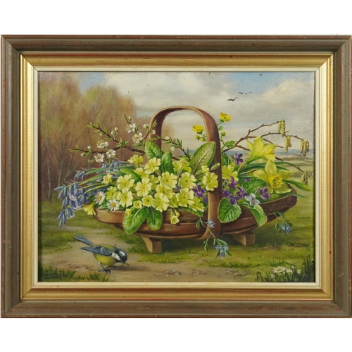 509 - Constance Cooper - Bird before flowers in a trug basket, oil on canvas, inscribed 1971 to the revers... 